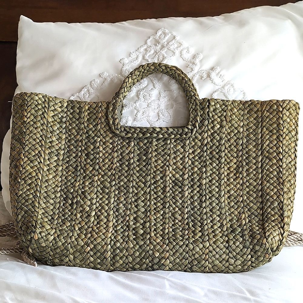 Vintage Sun And Sand Raffia Handwoven Olive Green Pool/ Beach Bag Tote